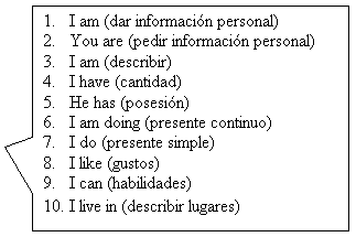 Rectangular Callout: 11. I am (dar información personal)
12. You are (pedir información personal)
13. I am (describir)
14. I have (cantidad)
15. He has (posesión)
16. I am doing (presente continuo)
17. I do (presente simple)
18. I like (gustos)
19. I can (habilidades)
20. I live in (describir lugares)